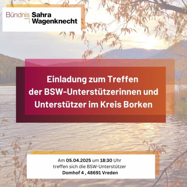 📢 Fühlst du dich von der Politik nicht mehr gehört? Dann lass uns gemeinsam etwas ändern! 📢

💡 Du hast Ideen, Sorgen oder Wünsche für Vreden und den Kreis Borken?
Viele Menschen spüren, dass sich etwas verändern muss, wissen aber nicht, wo sie anfangen sollen. Wir wollen einen Ort schaffen, an dem genau das möglich ist – offen, ehrlich und ohne Vorbedingungen.

🤝 Komm zu unserem Unterstützertreffen und sprich mit uns über das, was dir wichtig ist
Hier kannst du frei deine Meinung äußern, Gleichgesinnte treffen und gemeinsam mit uns überlegen, wie wir vor Ort etwas bewegen können.

📅 Wann? Samstag, 5. April 2025
🕕 Uhrzeit? 18:30 Uhr
📍 Wo? KAB Vreden, Domhof 4, 48691 Vreden

🌱 Gemeinsam können wir etwas verändern
Wir suchen keine Berufspolitiker, sondern Menschen, die Lust haben, sich über Politik auszutauschen, Ideen zu entwickeln und vielleicht auch langfristig etwas mitzugestalten. Jeder kann mitmachen, ganz ohne Druck und völlig unverbindlich.

💬 Komm vorbei, sag deine Meinung, bring deine Themen mit
Ob soziale Gerechtigkeit, Infrastruktur, Bildung oder einfach das, was dich täglich beschäftigt – wir hören zu und wollen gemeinsam nach Lösungen suchen.

📩 Wenn du kommen möchtest, schreib uns kurz, damit wir besser planen können

Lass uns gemeinsam darüber sprechen, was wir in Vreden und im Kreis Borken verändern können. Politik beginnt genau hier, bei uns allen.

#BSW #BündnisSahraWagenknecht #KreisBorken #Vreden #PolitikMitgestalten #VeränderungBeginntHier #DeineMeinungZählt